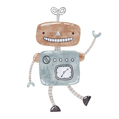 The character of a robot in a happy mood. Watercolor illustration.