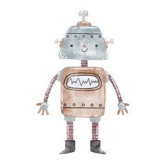 Watercolor cute illustration metal robot.