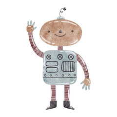 Watercolor robot isolated on white background. Illustration for kids.