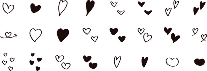 Cute hand drawn heart illustration set on a white background.  Vector illustration heart icons. Hand drawn isolated black heart collection.