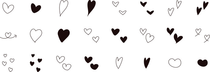 Cute hand drawn heart illustration set on a white background.  Vector illustration heart icons. Hand drawn isolated black heart collection.