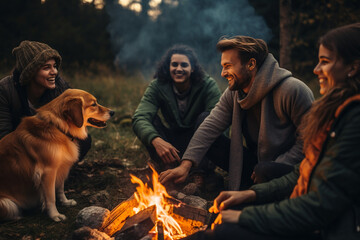 A group of friends gathered around a campfire, their dogs resting contentedly by their sides, friendship with animals Generative AI