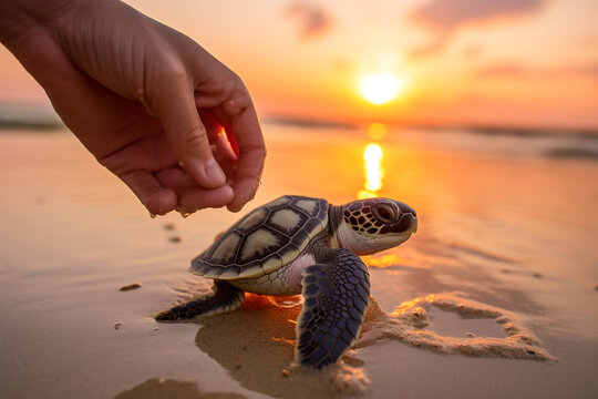 A wildlife researcher gently handling a baby sea turtle, contributing to conservation through nurturing friendships, friendship with animals Generative AI