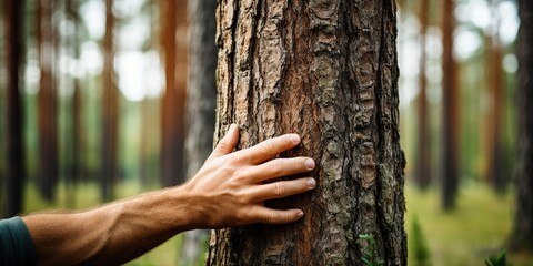 The hand of a man touches the trunk of a pine close-up.
