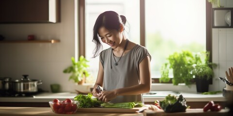 Asian woman cooks delicious food at home. - obrazy, fototapety, plakaty