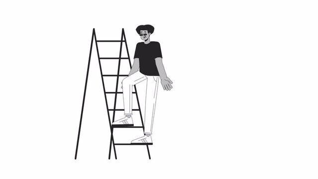 Ladder fall injury bw outline cartoon animation. Slipping hazard at work 4K video motion graphic. Latino man fallen accident 2D monochrome linear animated character isolated on white background
