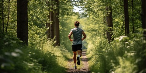 A young adult man runs through the forest on a natural path on a sunny summer day. - obrazy, fototapety, plakaty
