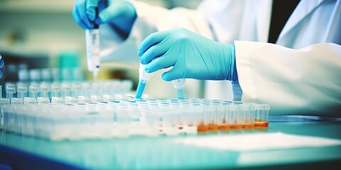 A scientist pipetting human samples ready for analysis in a laboratory during a clinical trial.