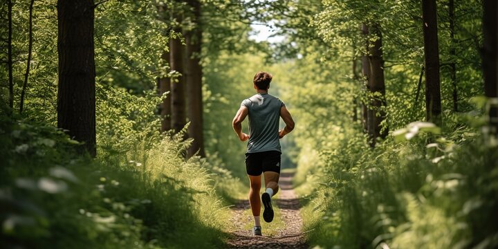 A young adult man runs through the forest on a natural path on a sunny summer day.