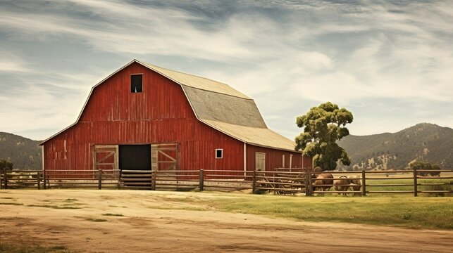 Traditional old red farm barn. Created using generative AI technology.