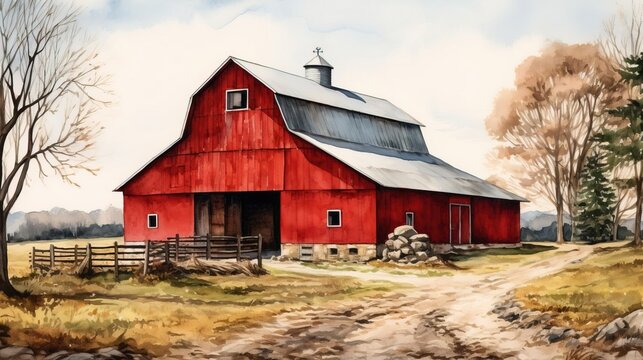 Traditional old red farm barn. Created using generative AI technology.