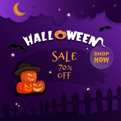 Halloween 70 % discount offer. Bright purple and orange illustration. A few Jack O’Lanterns on the background of a graveyard with bats flying nearby and the inscription HALLOWEEN