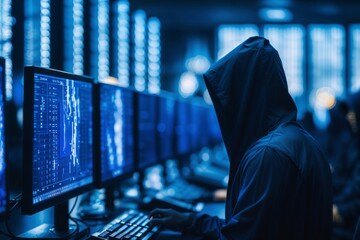 An unknown hacker sits at a computer in a secret office - obrazy, fototapety, plakaty