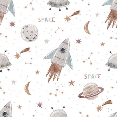 Watercolor pattern with rockets, planets and stars.