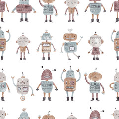 Watercolor seamless pattern with cute robots for kids.
