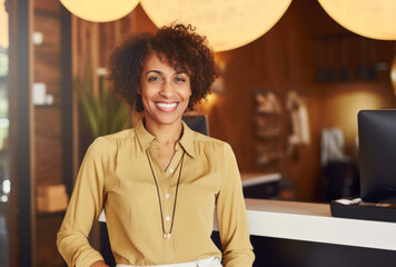 Confident smiling female business owner stands at the counter, ready to provide excellent service in the dynamic world of business. - obrazy, fototapety, plakaty