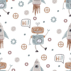Watercolor seamless pattern with robots and rockets on white background.