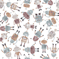 Watercolor seamless pattern with funny robots for kids.