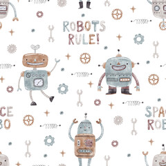 Watercolor seamless pattern with robots. Illustration for kids.