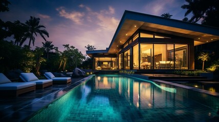 pool at night in luxury home