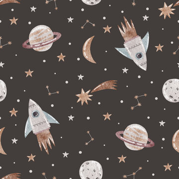 Watercolor pattern with rockets, planets and stars on black background. Illustration for kids.
