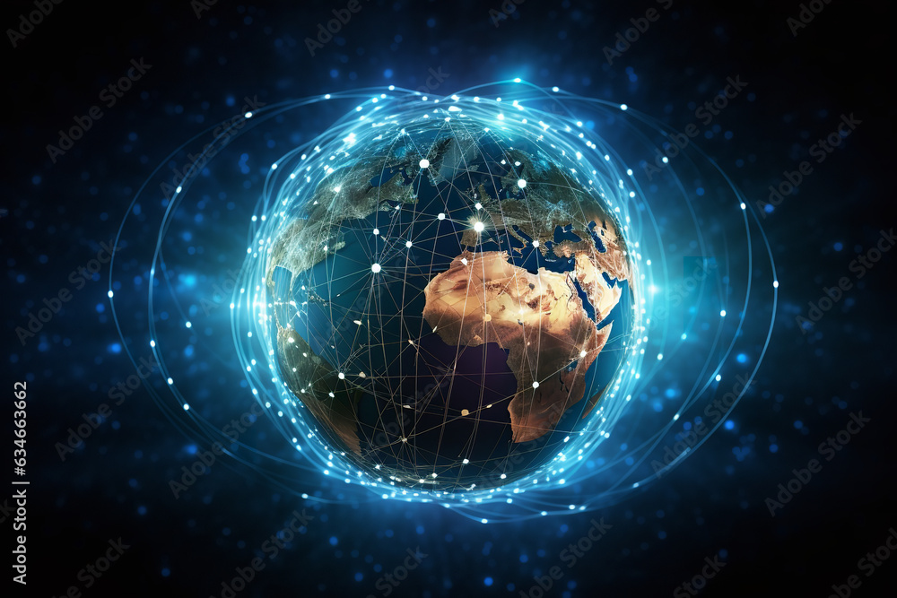 Sticker an abstract globe intertwined with connecting lines and iconic symbols conveys the vast span of soci