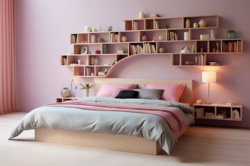 Unique bed design featuring an integrated bookshelf headboard, perfectly positioned against a soft pastel wall for avid readers