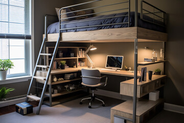Space-saving elevated loft bed design, complete with a functional workspace underneath, ideal for compact urban living - obrazy, fototapety, plakaty