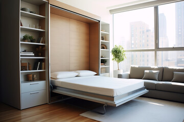Space-efficient Murphy bed seamlessly folded into a stylish wall cabinet, epitomizing modern urban...