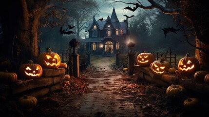  a halloween scene with carved pumpkins and a creepy house.  generative ai