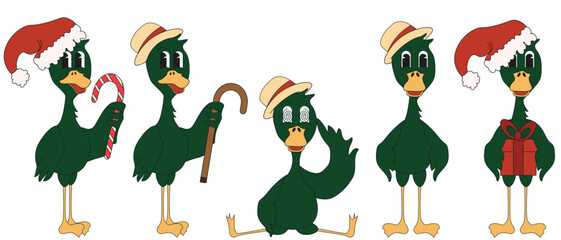 Set of Funky green Duck stickers with cane and in the hat in Trendy Y2K retro style isolated on white background. Christmas icon, sticker. Vector illustration in modern Groovy style.