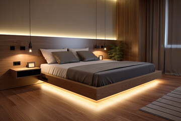 Futuristic floating bed design illuminated by subtle under-bed lighting, exuding sophistication in a contemporary bedroom setting