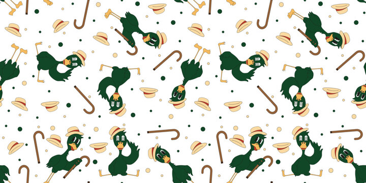 Funky design of wrapping paper with cute Character in trendy groovy Y2K style. Wallpaper and textile print with Funny Comic green drake. Cool background with cartoon Duck. Vector art.