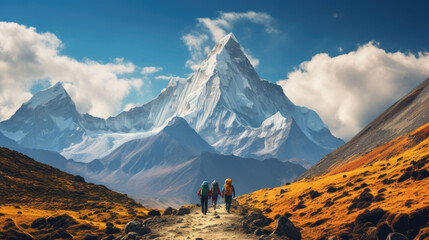 a group of hikers go through a wild landscape with high snow-capped mountains. back view.