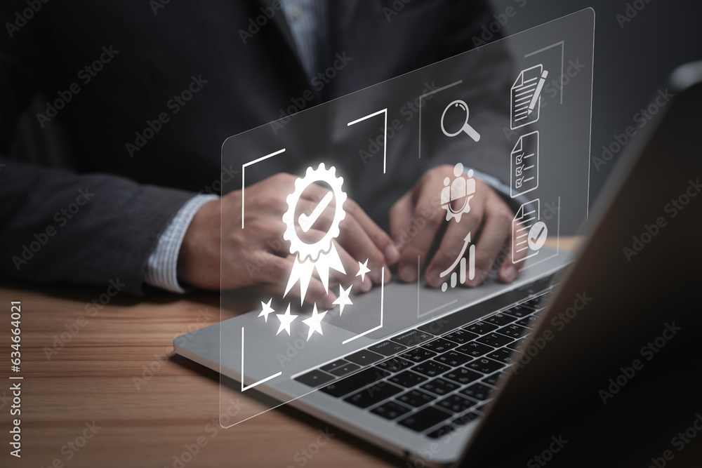 Aufkleber Businessman using laptop computer with quality assurance and document icon for ISO or International Standard Organisation which related quality control and continuous improvement concept.