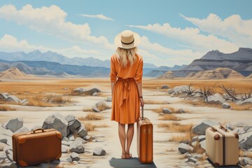 Beautiful woman as tourist. Solo traveller, traveling concept. Travel bag