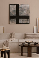Creative composition of living room interior with mock up poster frame, modular sofa, wooden coffee table, beige pillow, plaid, carpet, marble bowl and personal accessories. Home decor. Template.