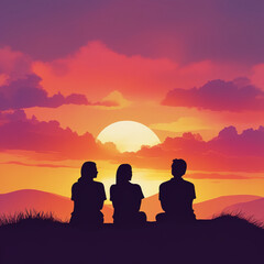 Fototapeta premium silhouette of a family at sunset, Generative AI