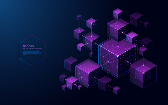 Abstract blockchain on technology futuristic background. Blue-purple linked blocks contain cryptography hash and transaction data. Distributed data storage environment. Low poly wireframe modern style