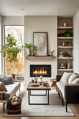 Beautiful living room interior with hardwood floors and fireplace in new luxury home