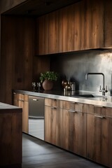 Modern and elegant kitchen, with black and wooden cupboards