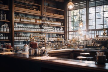 Vintage pharmacy with shelves and counters on which there are medicines