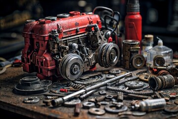 An old, worn, oily engine in a workshop surrounded by parts and spare parts - obrazy, fototapety, plakaty
