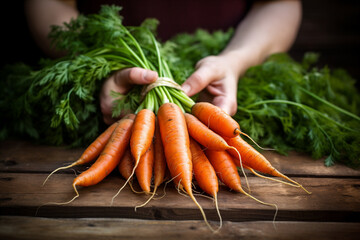 harvest of fresh carrots in female hands. Generative AI