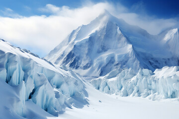 A huge mountain covered with snow and ice against a blue sky. Generative AI