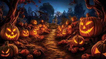  a halloween scene with carved pumpkins on a path in the woods.  generative ai