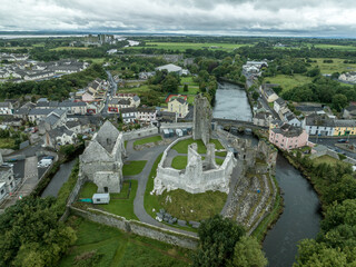 Aerial view of the Desmond castle in Askeaton Ireland in County Limerick on the river Deel, with...