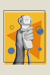 Vertical collage picture of black white colors arm hold retro handset telephone isolated on painted...