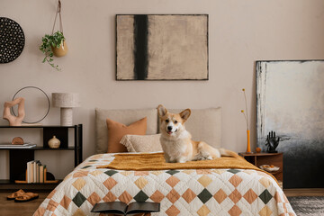 Cozy composition of bedroom interior with mock up poster frame, bed, orange bedding, corgi dog,...