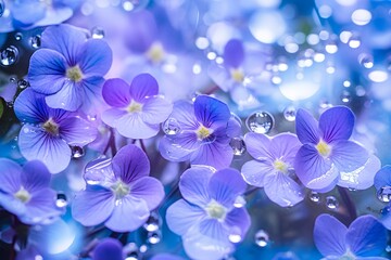 Fototapeta na wymiar flower violets background, summer, bright summer fresh flowers with water drops, in blur, fog, flower background for phone, AI generated